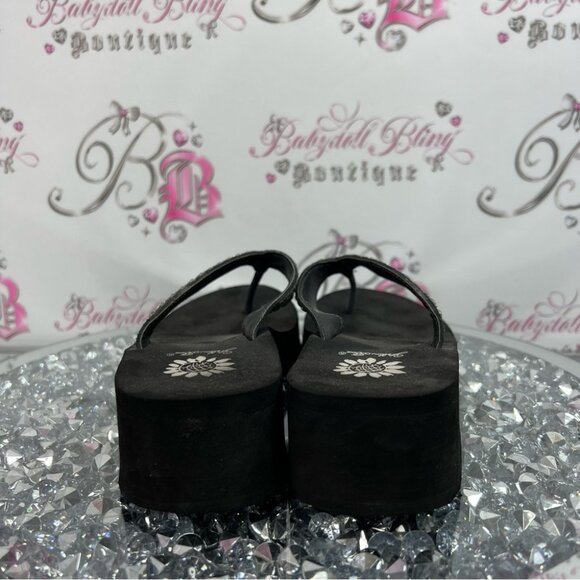 Yellow box wedge sandals flip flops rhinestone jewels Black and Silver Sandals - Picture 3 of 10